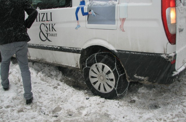 Car tire in chain.  Well-prepared for the snowy roads.