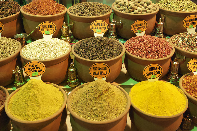 Istanbul bazaar with buckets full of spices