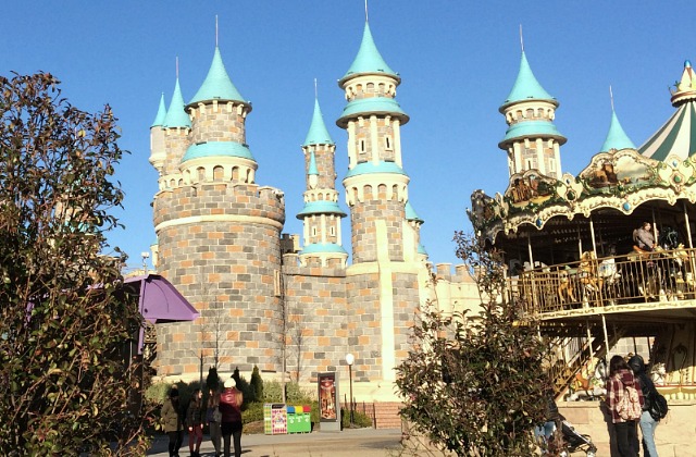 View of VIALAND castle-like towers and Mary-go-round